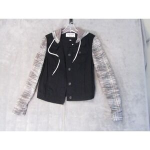 WallFlower Women Black Denim Mixed Media Hooded Jacket Knit Sleeves Small DP